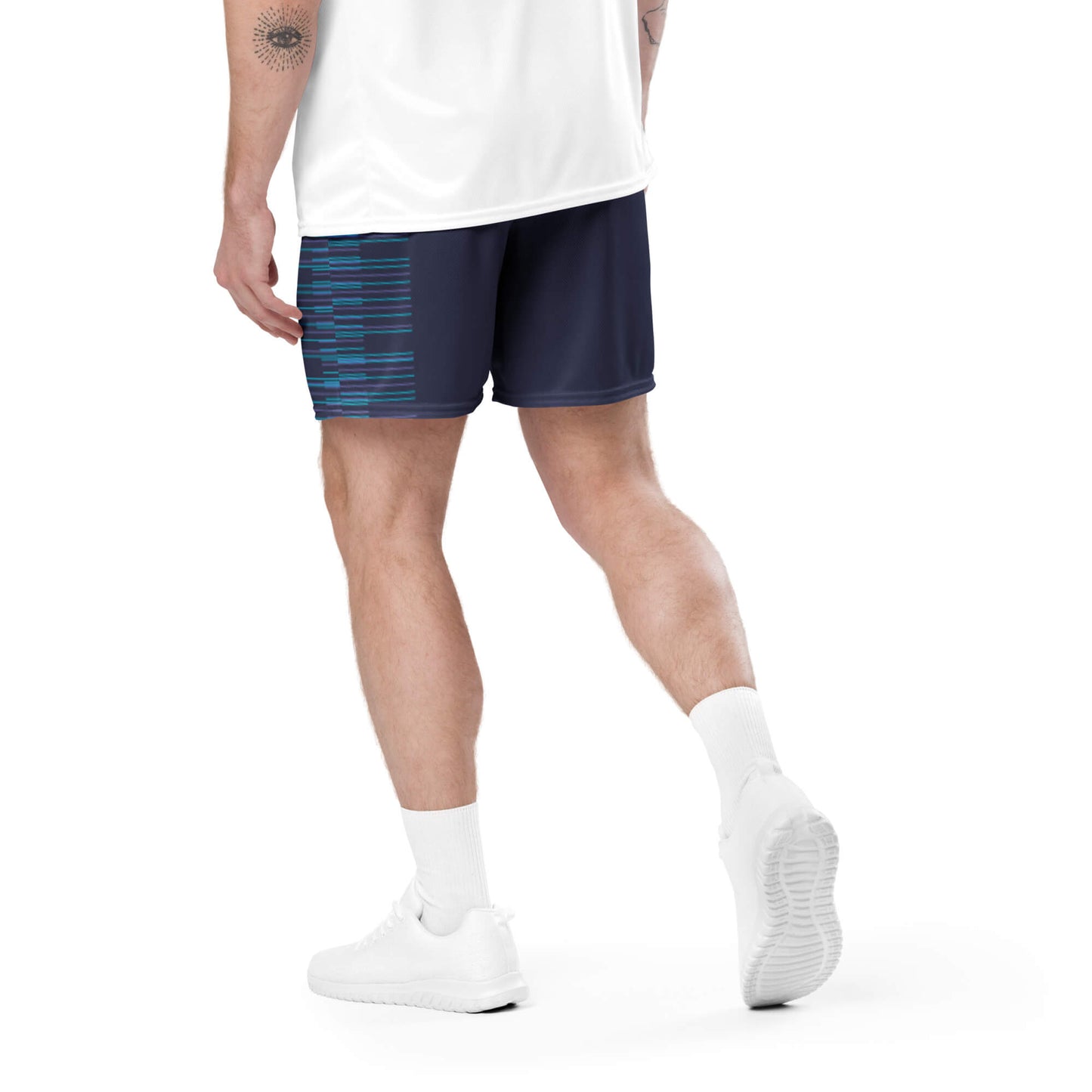 vibrant stripes on Slate Blue Dual Mesh Shorts