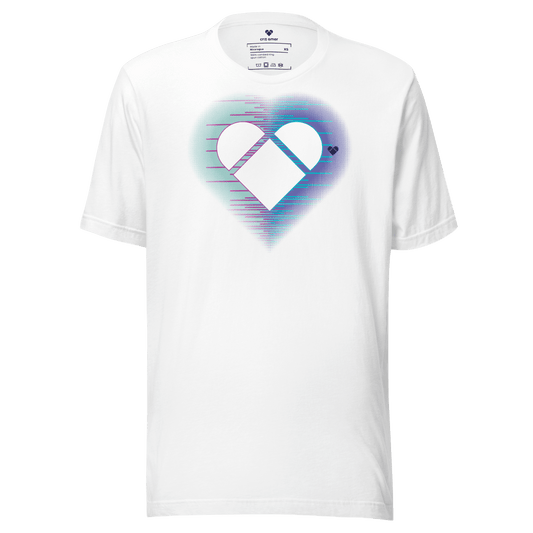 White Tee with heart logo and dual mint-periwinkle aura from CRiZ AMOR's Amor Dual collection