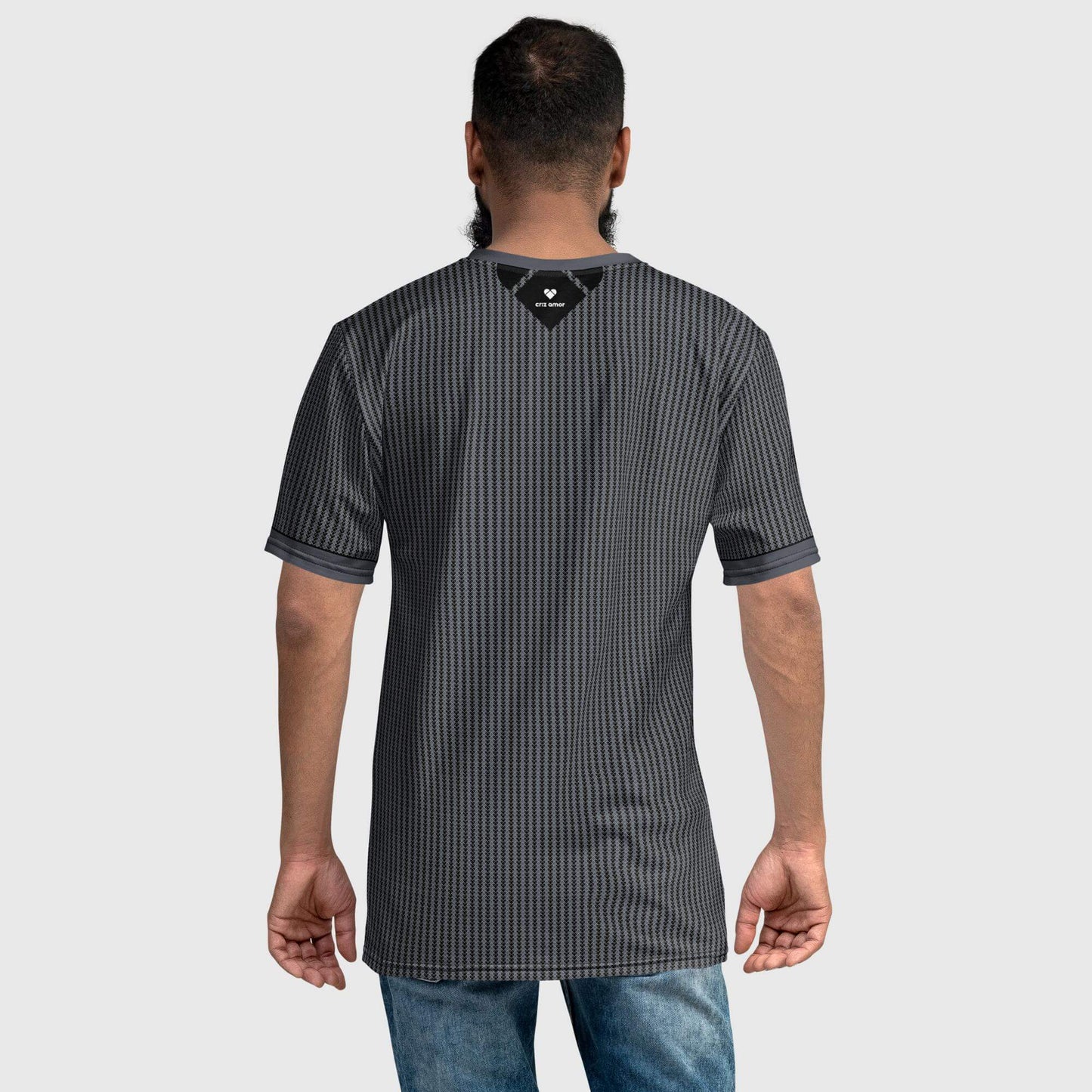 back view model wearing Premium knit mid-weight jersey Black Love Armor Shirt for men, part of Amor Primero capsule collection