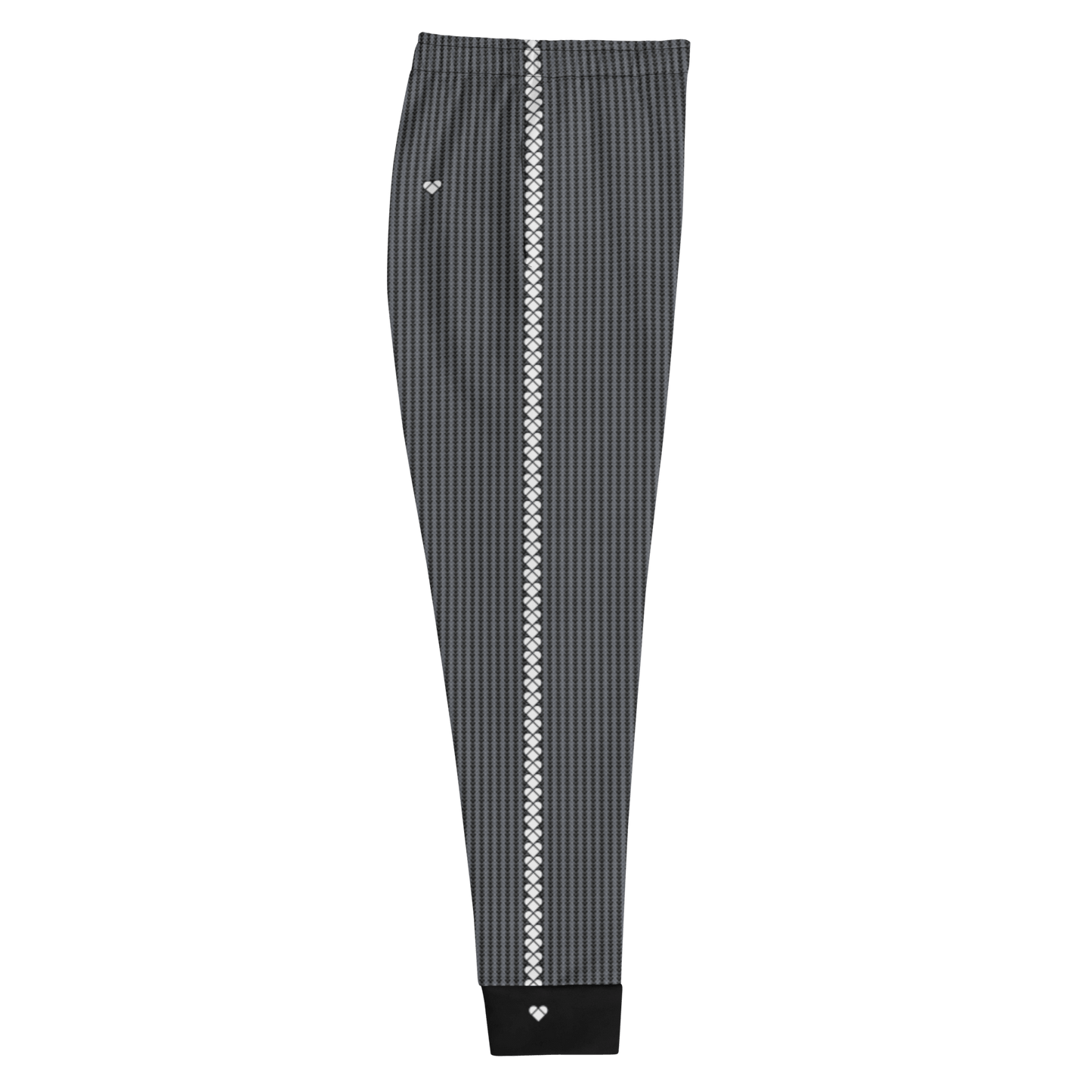 Black joggers with heart-shaped geometrical logos, practical pockets, and black cuffs. right view