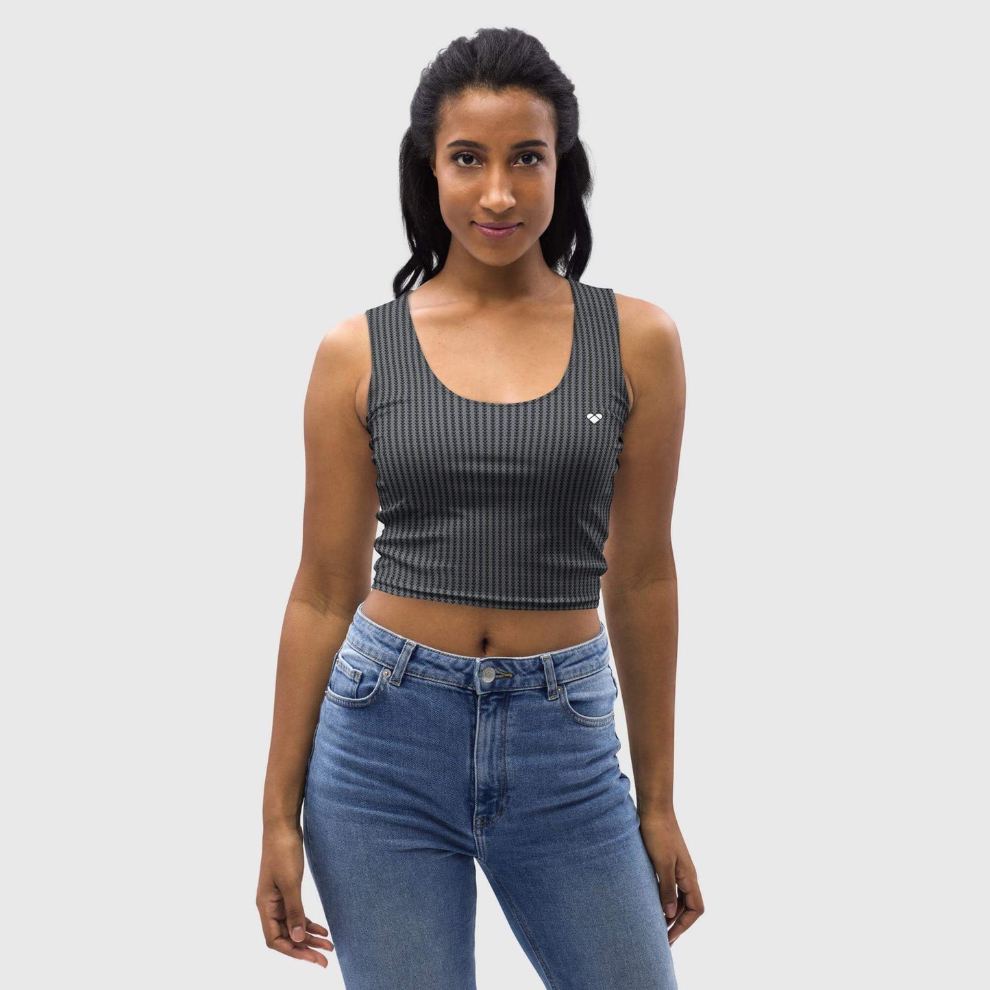 female model wearing Women's Black Crop Top with Heart Design