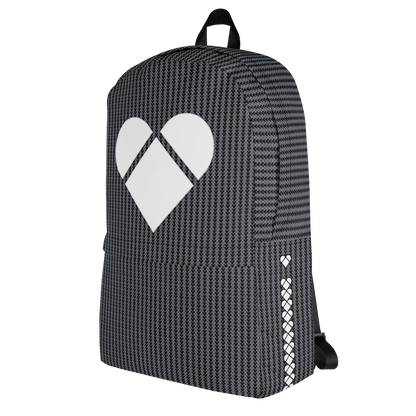 Heart logo on the Lovogram Black Backpack by CRiZ AMOR, side view