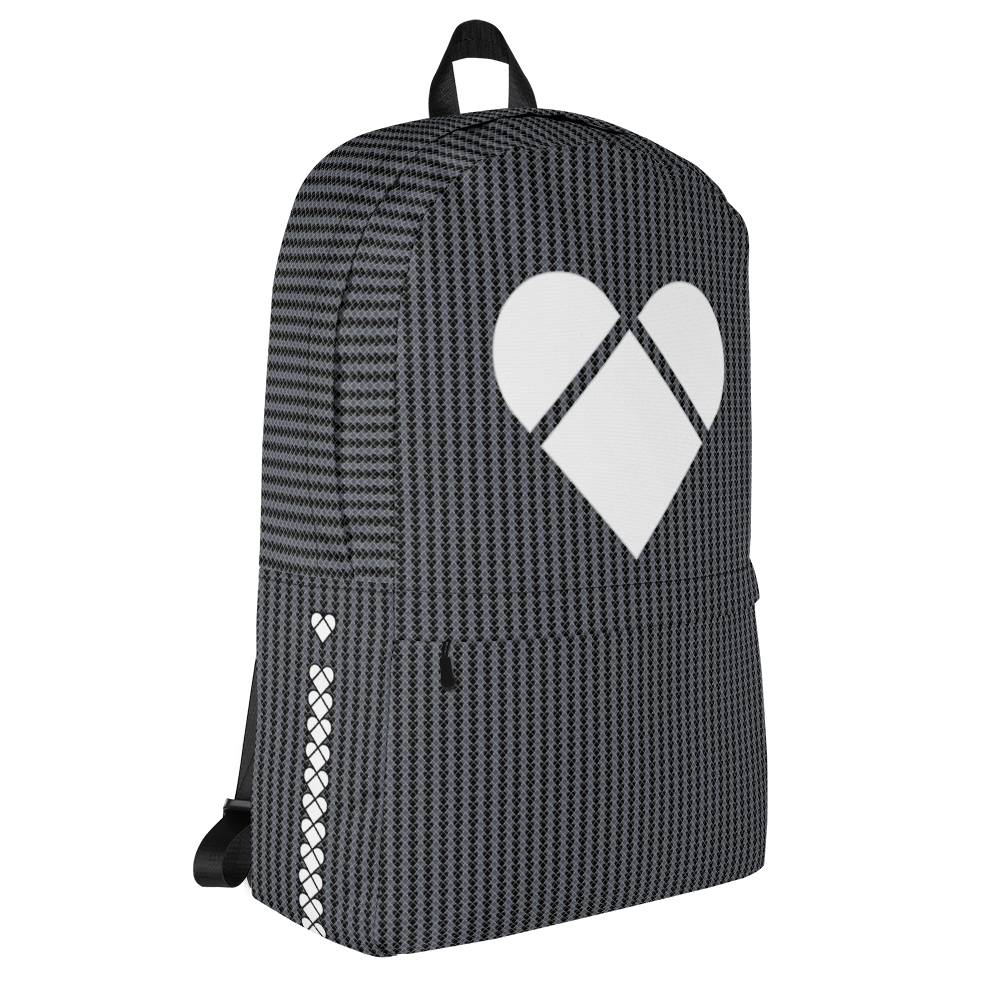 CRiZ AMOR's iconic Lovogram pattern on a black backpack, side view