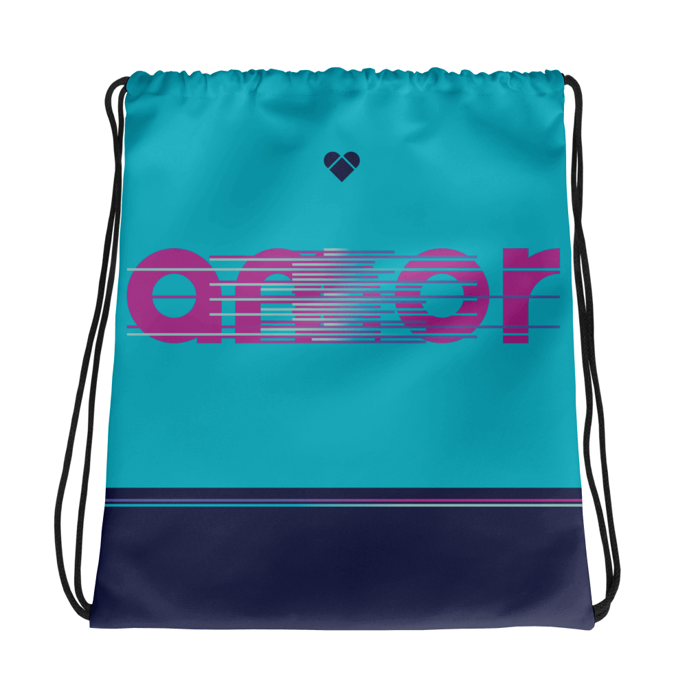 Turquoise & Mint Dual Drawstring Bag with 'amor' design in periwinkle stripes - CRiZ AMOR Amor Dual Collection