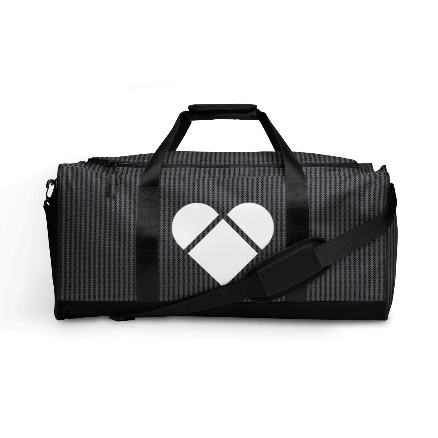 front view of CRiZ AMOR's Black Lovogram Duffle | Empowering Love Armor Fashion