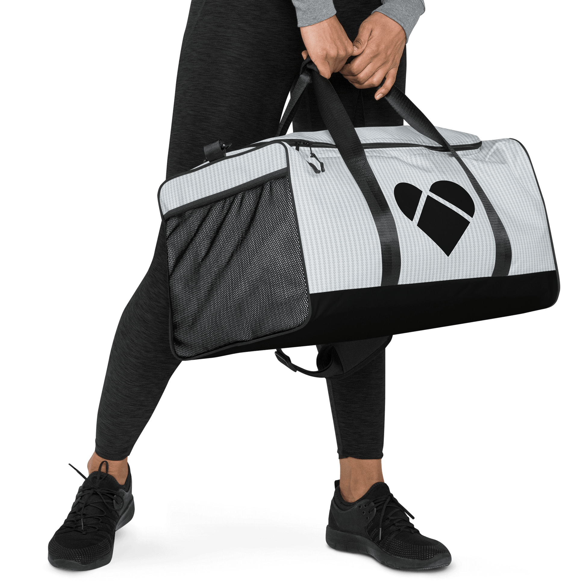model wearing CRiZ AMOR's Misty Gray Lovogram Duffle Bag