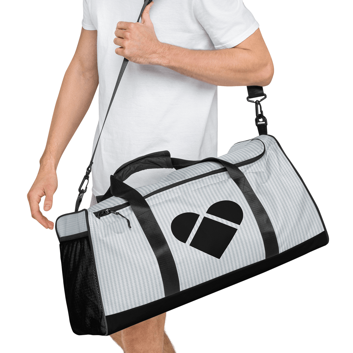 male model wearing CRiZ AMOR's Empowering Duffle Bag