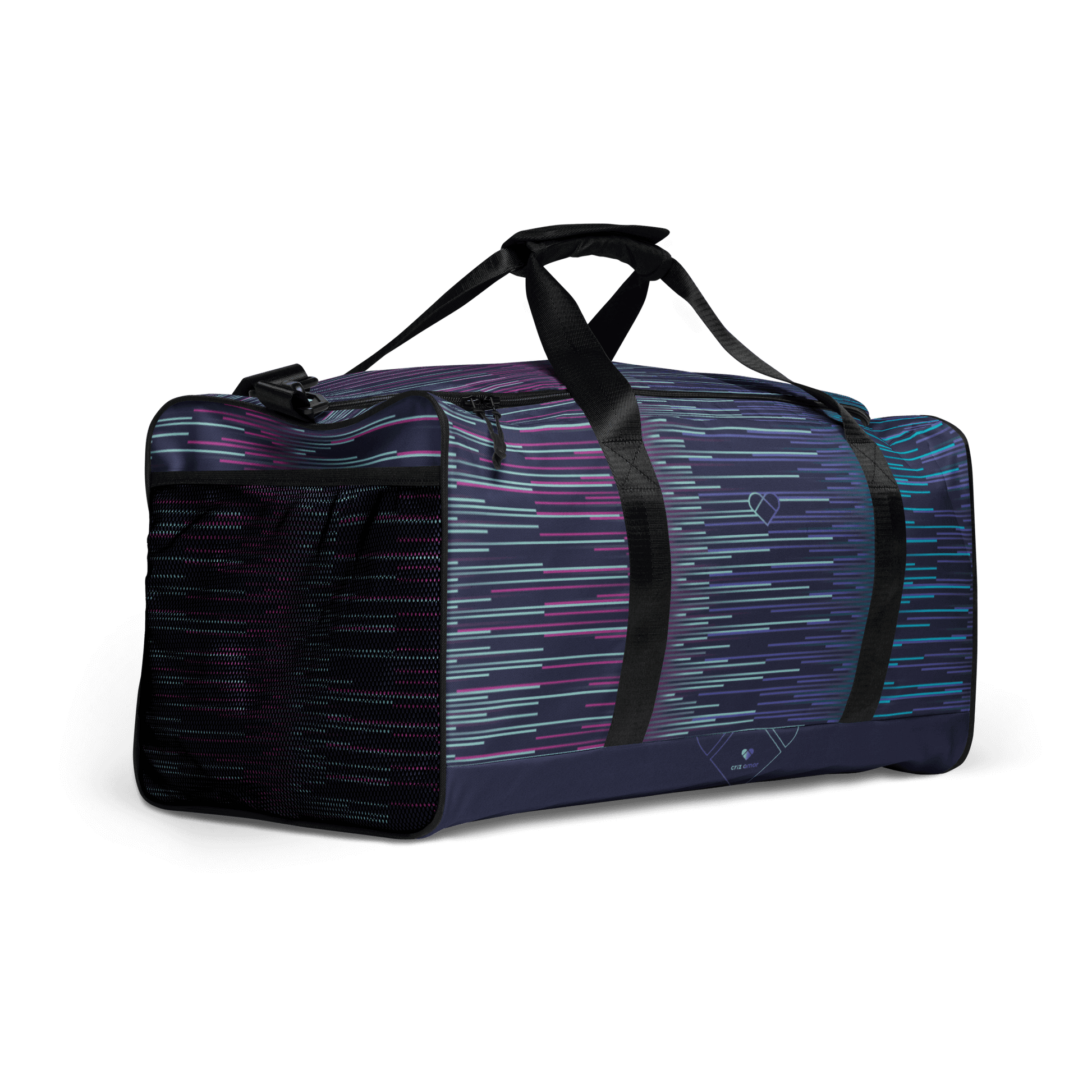 Gradient Stripes and Heart Logo on Slate Blue Duffle Bag