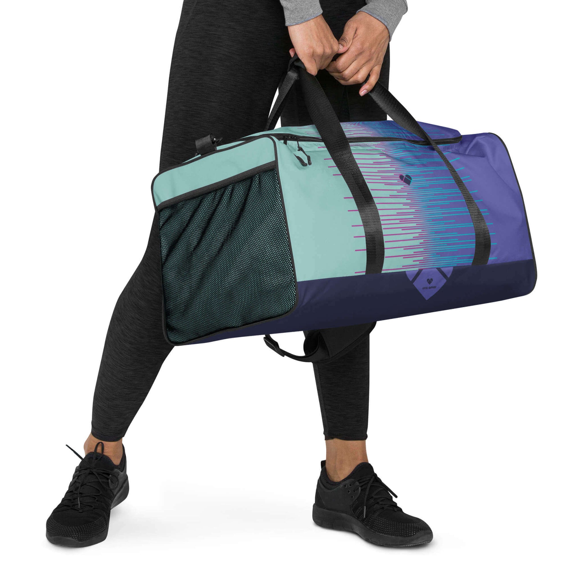 Model showcasing Mint & Periwinkle Dual Duffle Bag