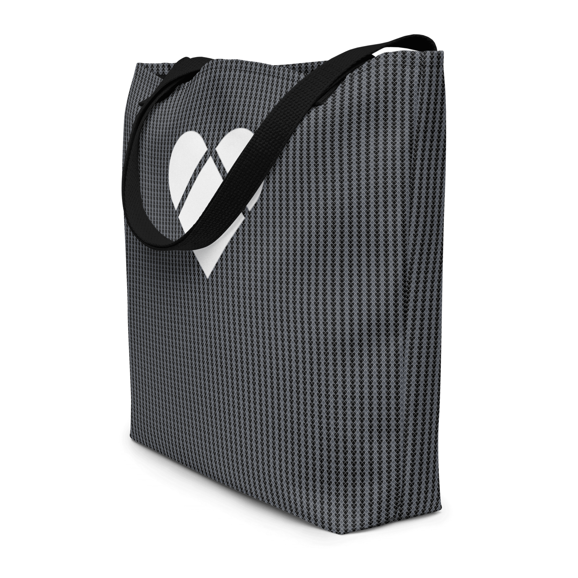 A light gray tote bag with a playful lovogram pattern