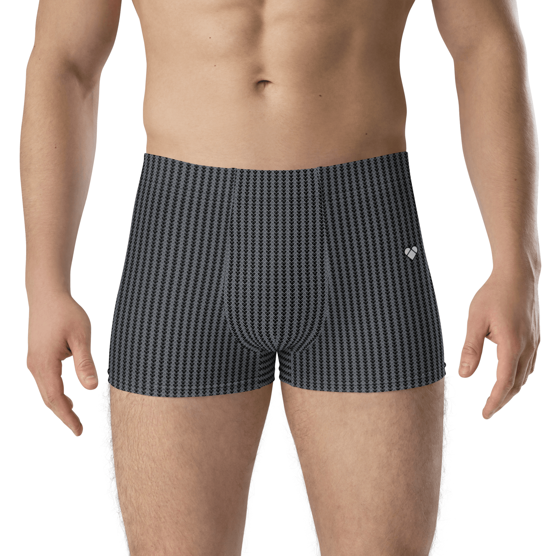 Lovogram Boxer Briefs: Geometric hearts in stylish grays, adorned with a big white logo heart