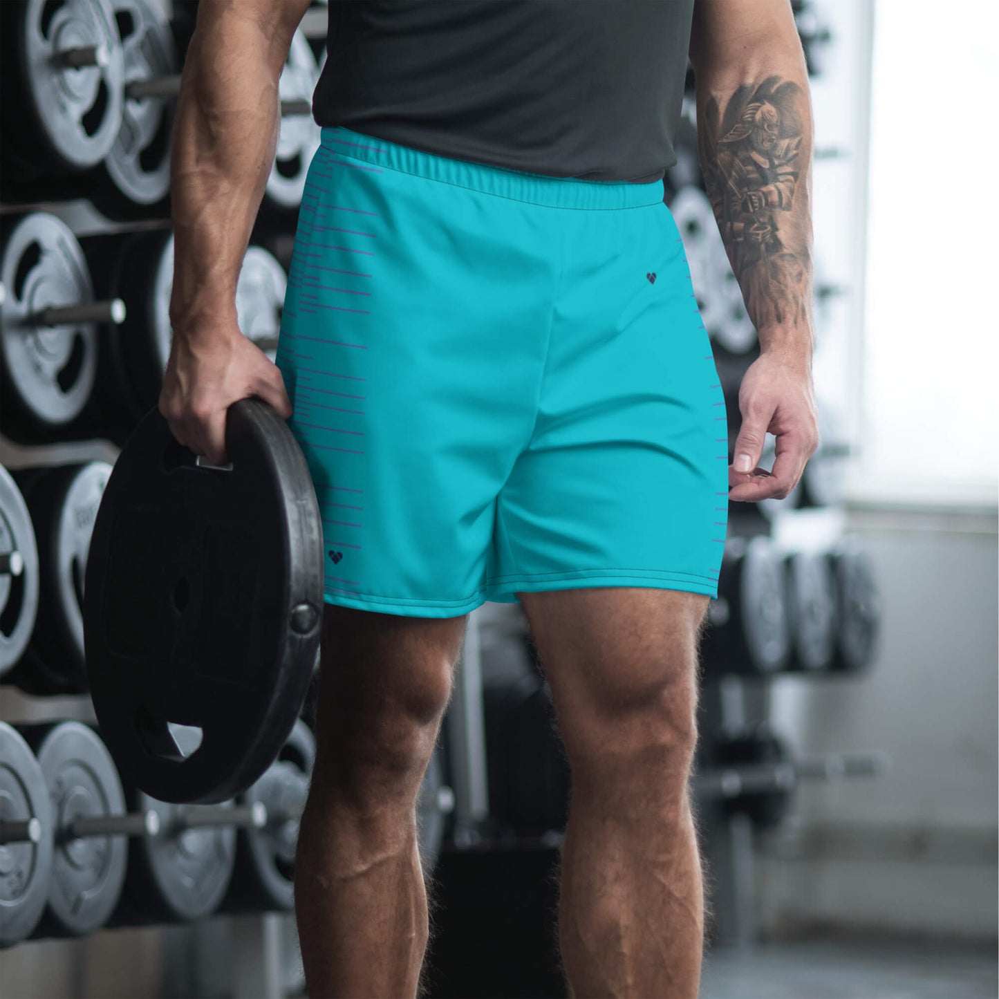 Empowering men's sport shorts in turquoise and periwinkle stripes