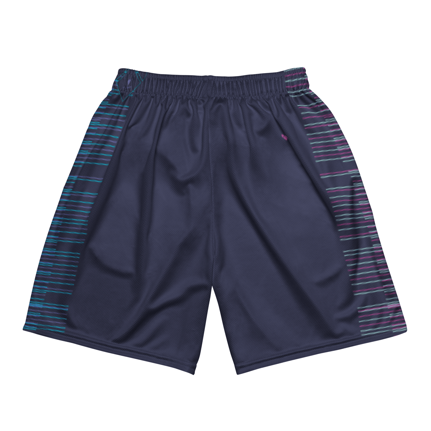 Vibrant gradient stripes adorn CRiZ AMOR's Dark Slate Blue Mesh Shorts