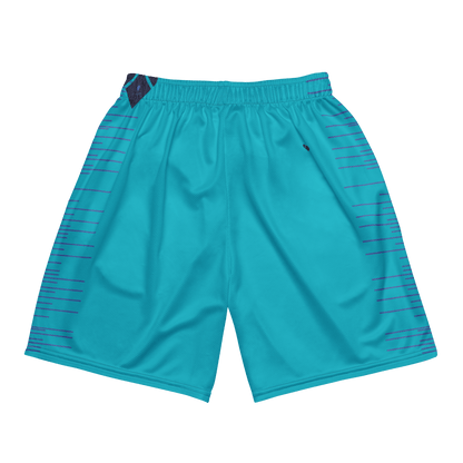 Genderless mesh shorts with vibrant turquoise and periwinkle stripes