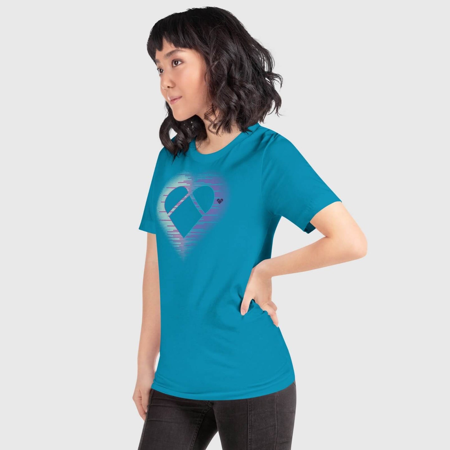 Mint and periwinkle Aqua Tee with heart logo and dual aura from CRiZ AMOR's Amor Dual collection