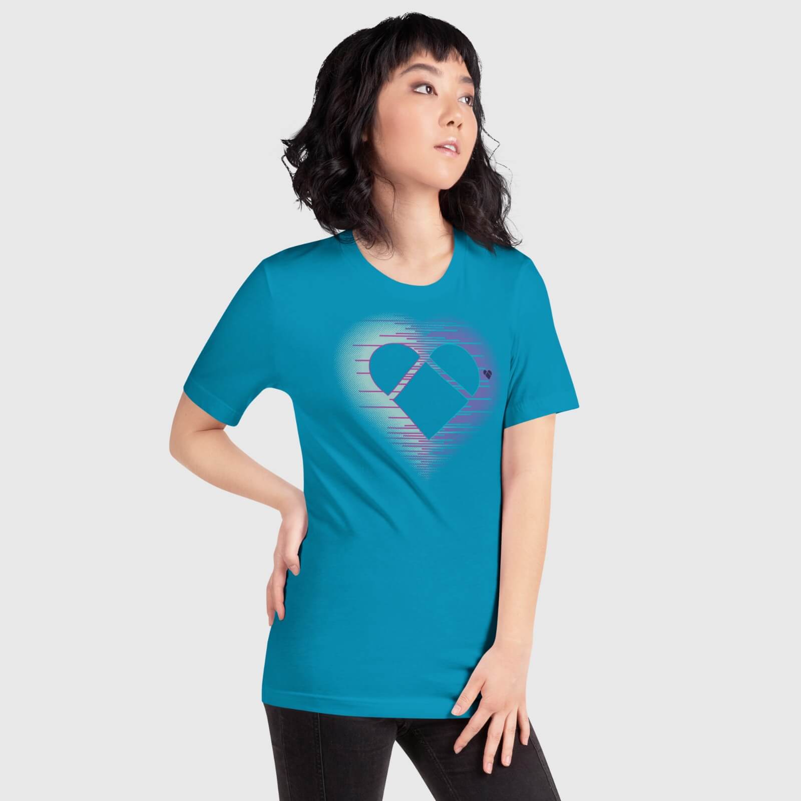 Versatile mint and periwinkle Aqua Tee with heart aura for inclusive fashion by CRiZ AMOR