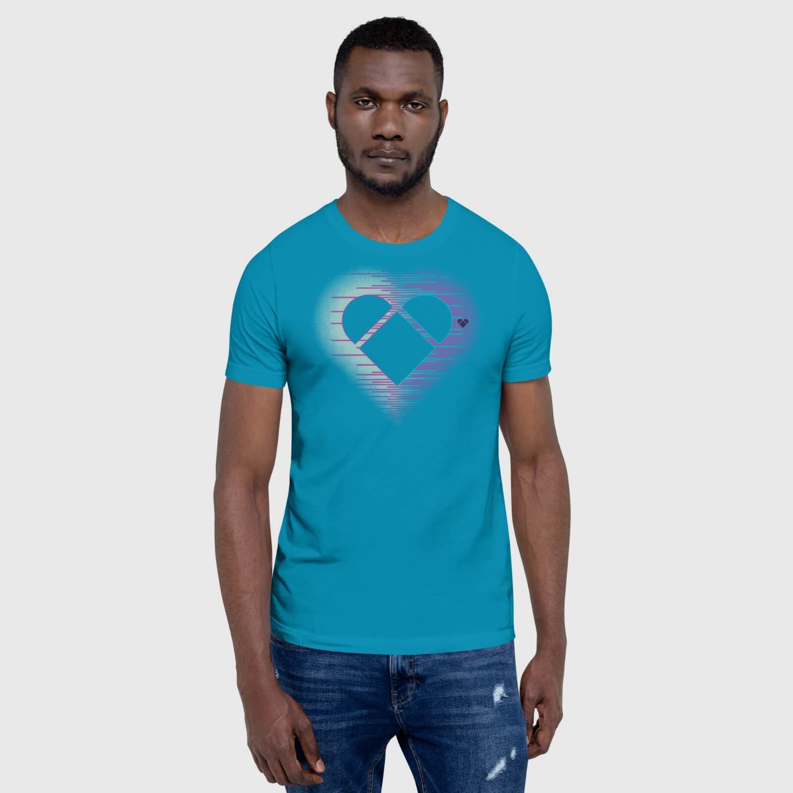 Genderless heart logo tee with vibrant mint and periwinkle aura from Amor Dual by CRiZ AMOR