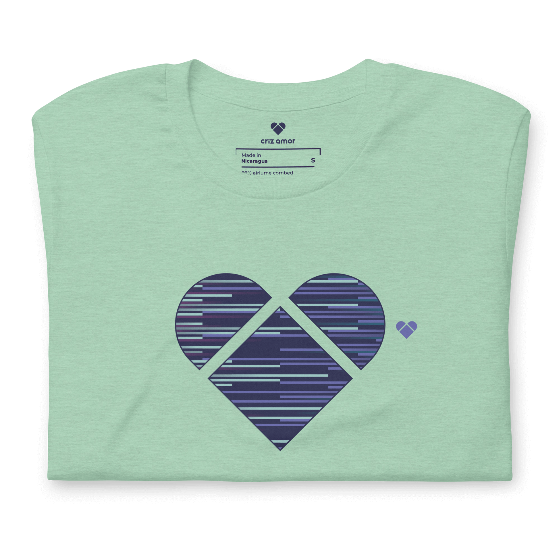 Close-up of heart logo filled with periwinkle and mint stripes
