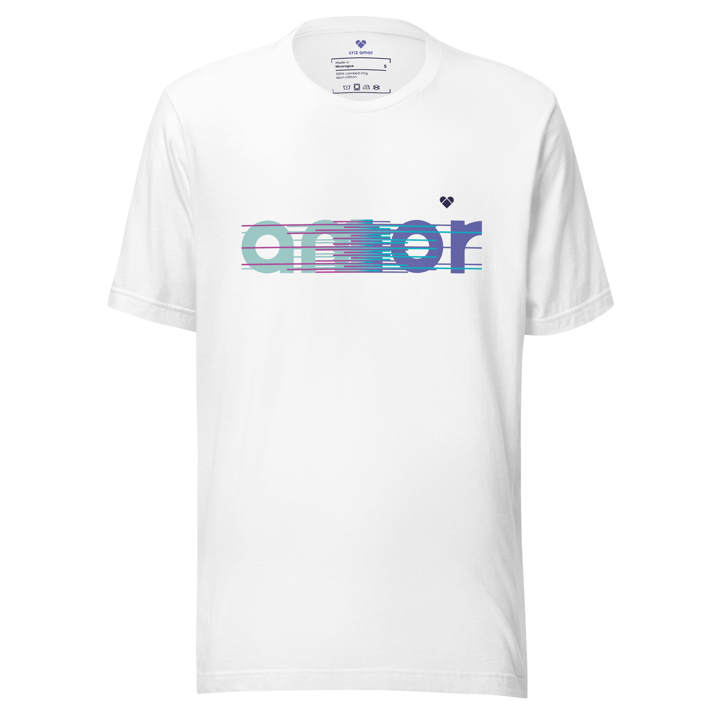 White Tee with AMOR Logo and Gradient Design