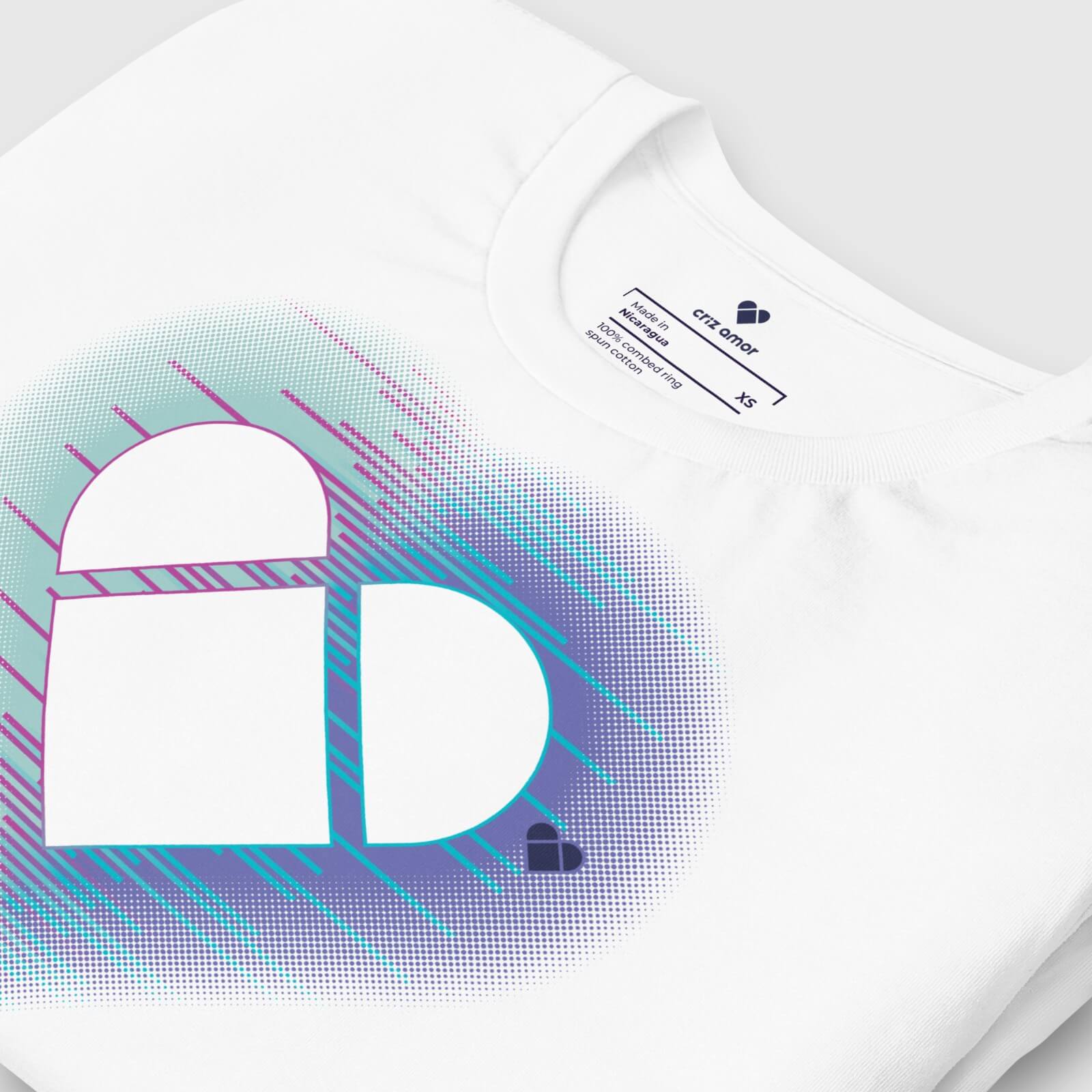 Detailed view of the White Tee from Amor Dual collection with a heart logo and dual color aura