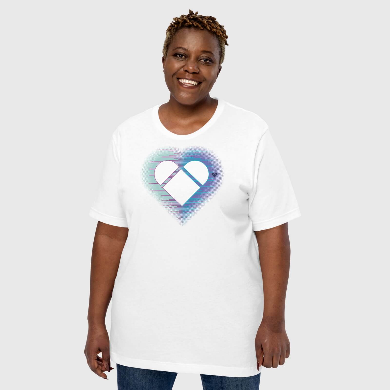 Unique design: White Tee with heart logo and dual mint-periwinkle aura from Amor Dual collection