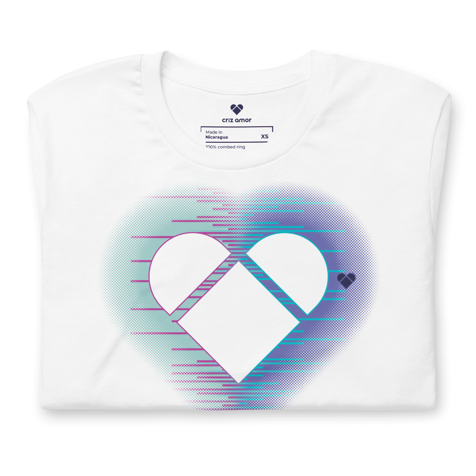 Genderless heart logo tee with vibrant mint and periwinkle aura from Amor Dual by CRiZ AMOR