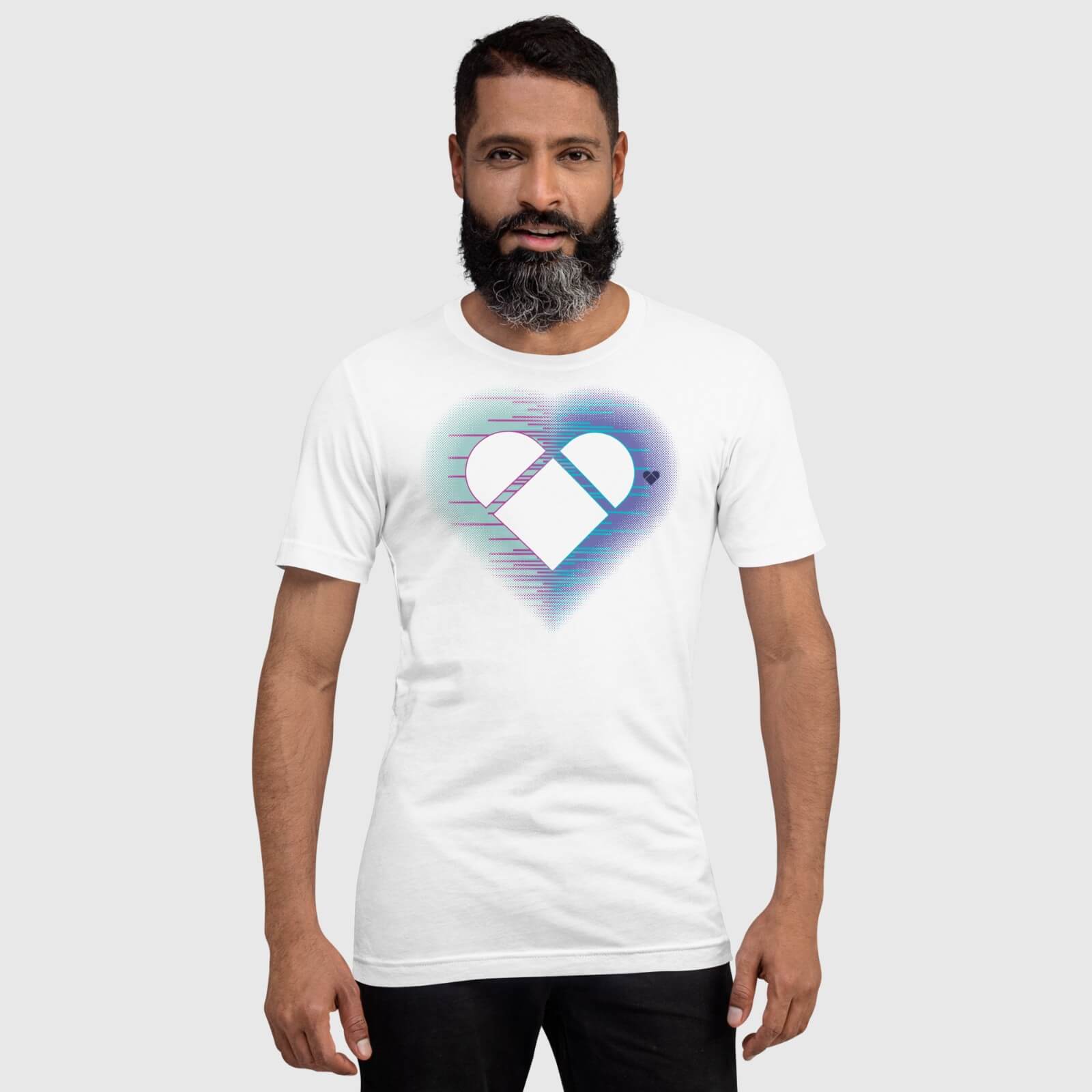 Versatile white tee with heart logo and dual aura for inclusive fashion by CRiZ AMOR