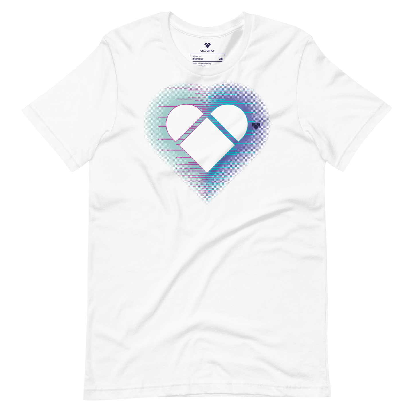 Front view of CRiZ AMOR's Amor Dual White Tee with heart logo and colorful dual aura