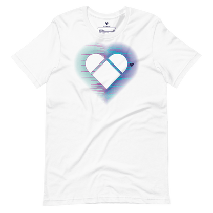 Front view of CRiZ AMOR's Amor Dual White Tee with heart logo and colorful dual aura