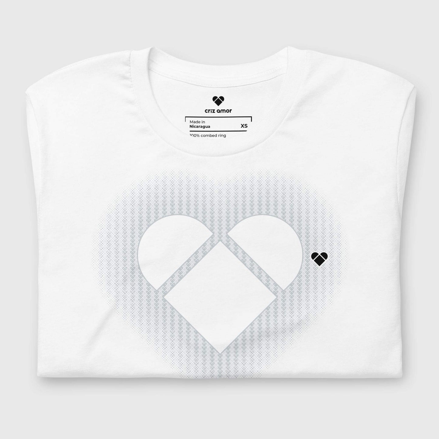 folded White Tee with Lovogram Heart Aura Pattern | CRiZ AMOR Fashion Designer