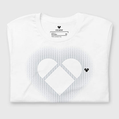 folded White Tee with Lovogram Heart Aura Pattern | CRiZ AMOR Fashion Designer
