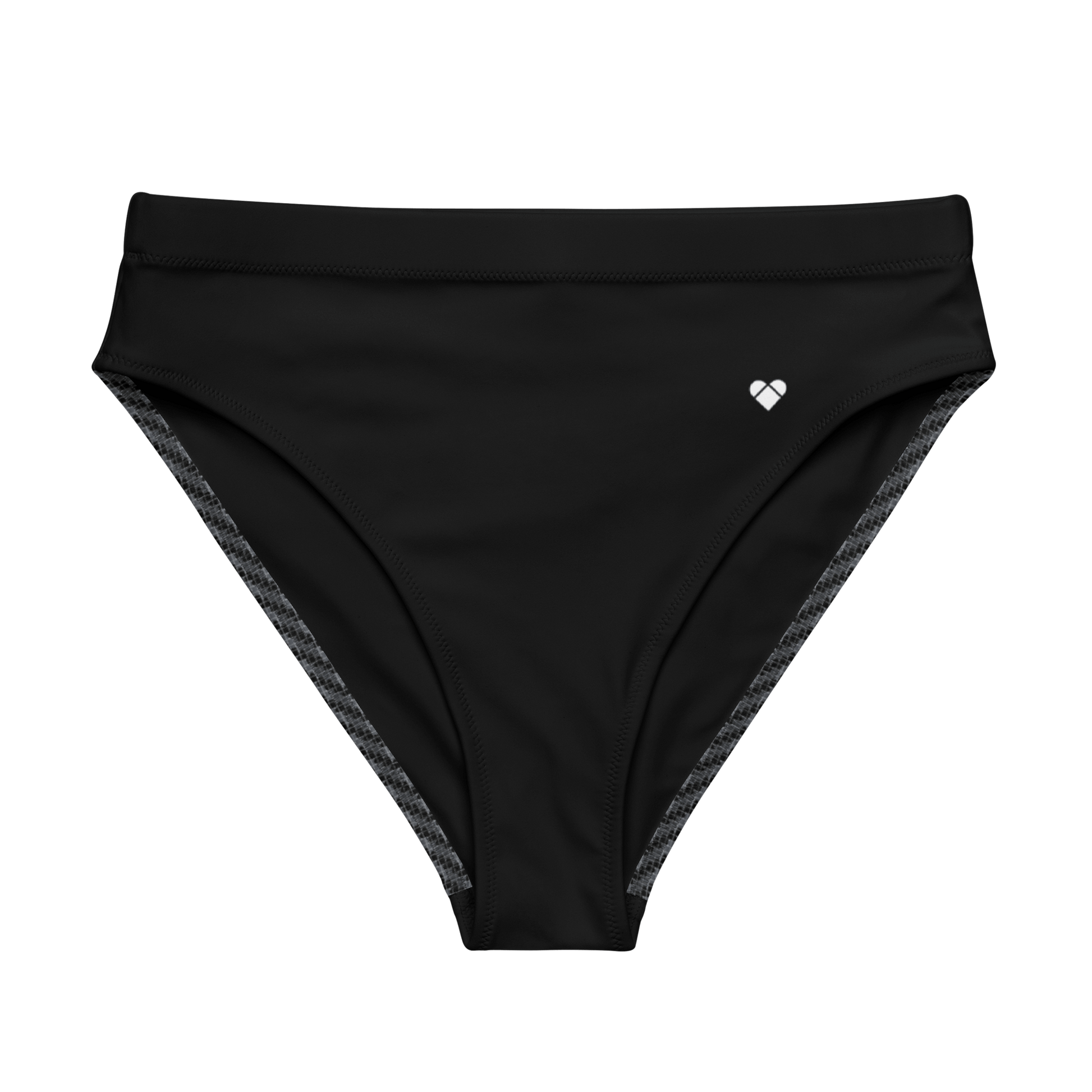 Black high-waisted bikini bottom with geometric lovogram pattern in two shades of gray
