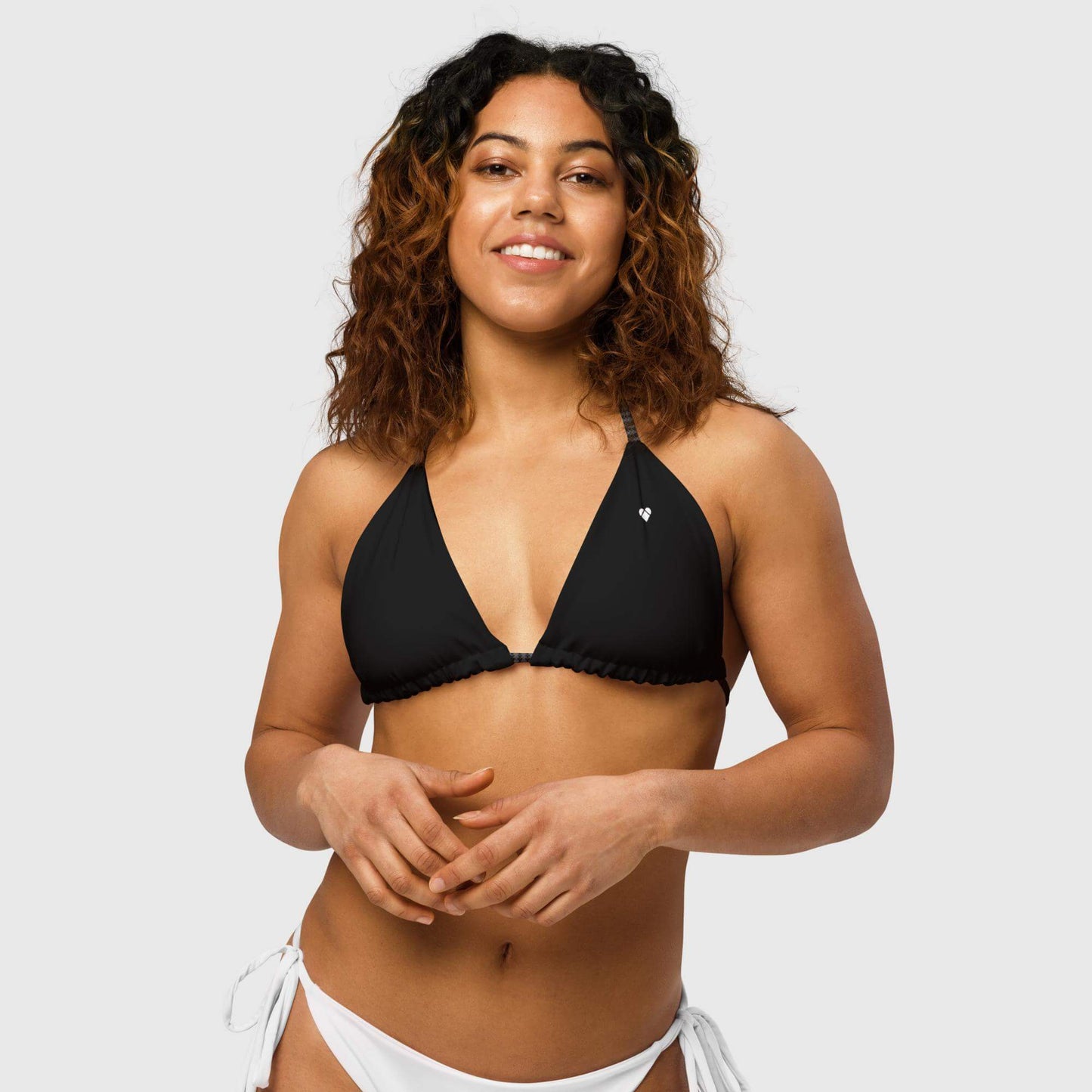 Black String Bikini Top with Geometric Heart Pattern, Women's Swimwear