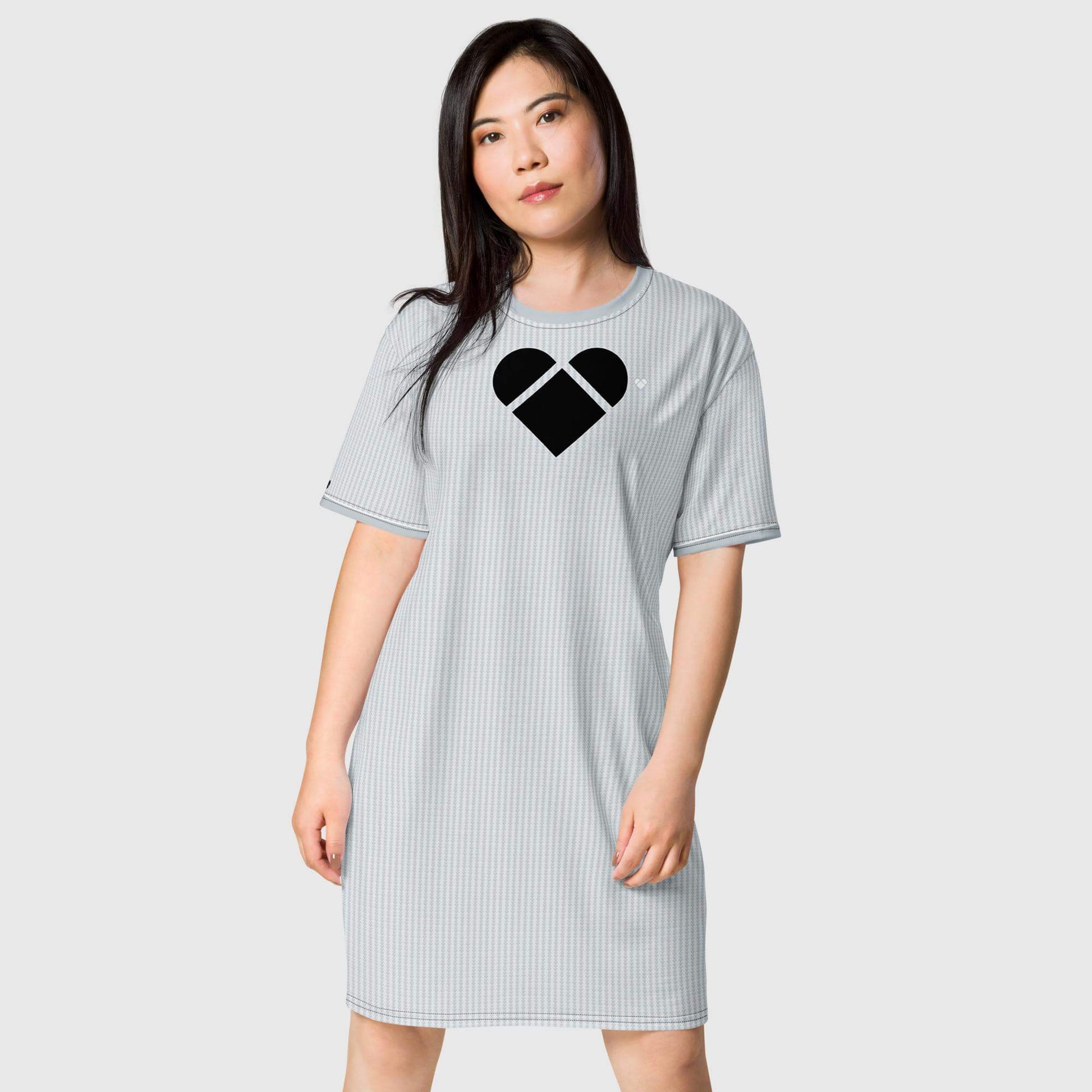Empowered woman wearing light gray Lovogram Shirt Dress for self-expression by CRiZ AMOR 