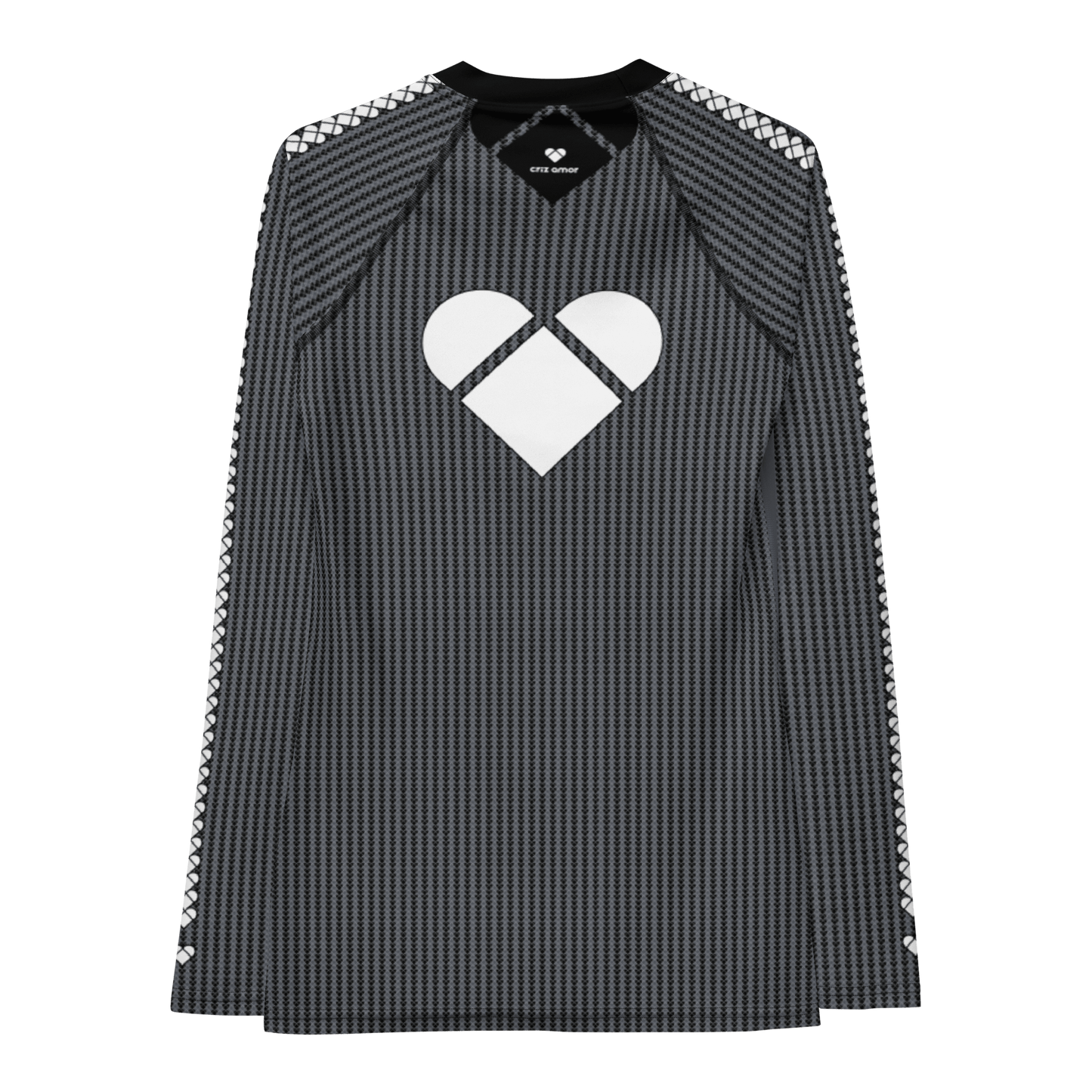 CRiZ AMOR's Lovogram Rash Guard: Fashion-forward sports wear with geometric heart pattern, big white heart