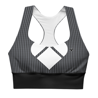 CRiZ AMOR Lovogram Sport Bra in soothing grayscale heart logo pattern | Women's Empowering Activewear