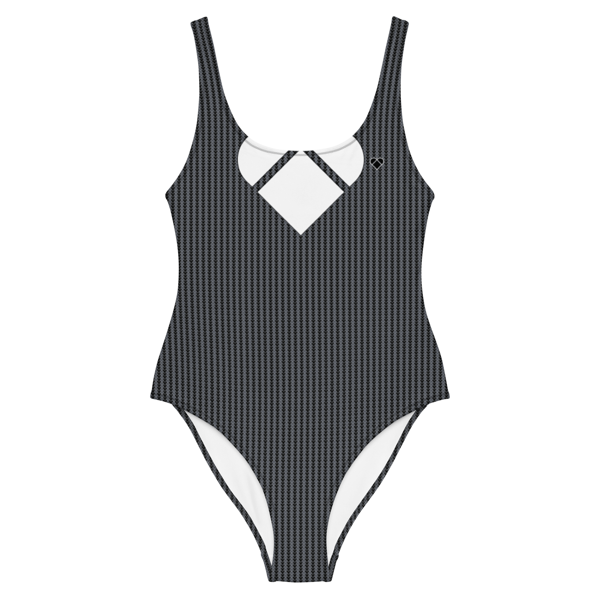 Black Lovogram Swimsuit adorned with geometric heart patterns by CRiZ AMOR