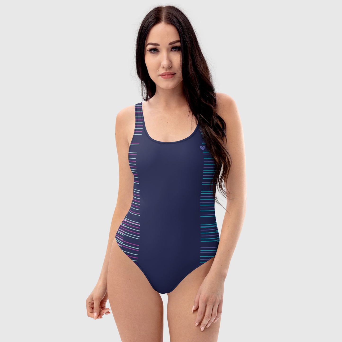 Dark Slate Blue Dual Swimsuit with gradient stripes and heart logo