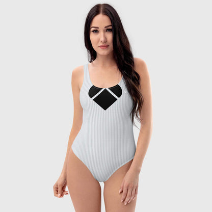 Light gray Lovogram swimsuit with heart logo pattern from CRiZ AMOR's Amor Primero collection