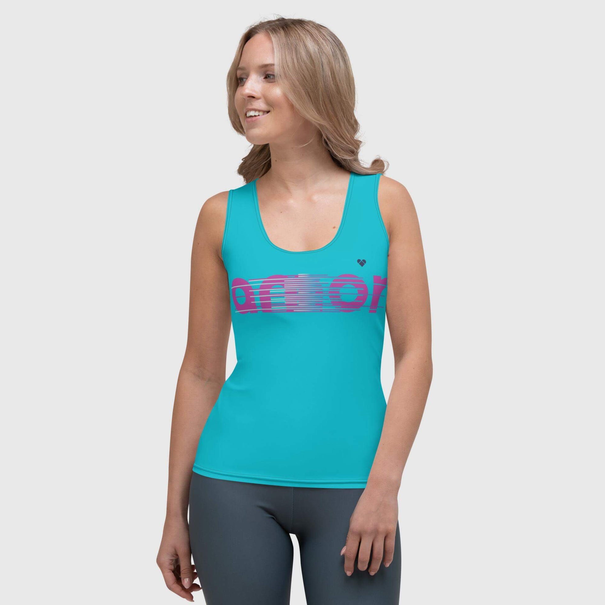 Vibrant Fuchsia Amor Logo on Turquoise Tank Top