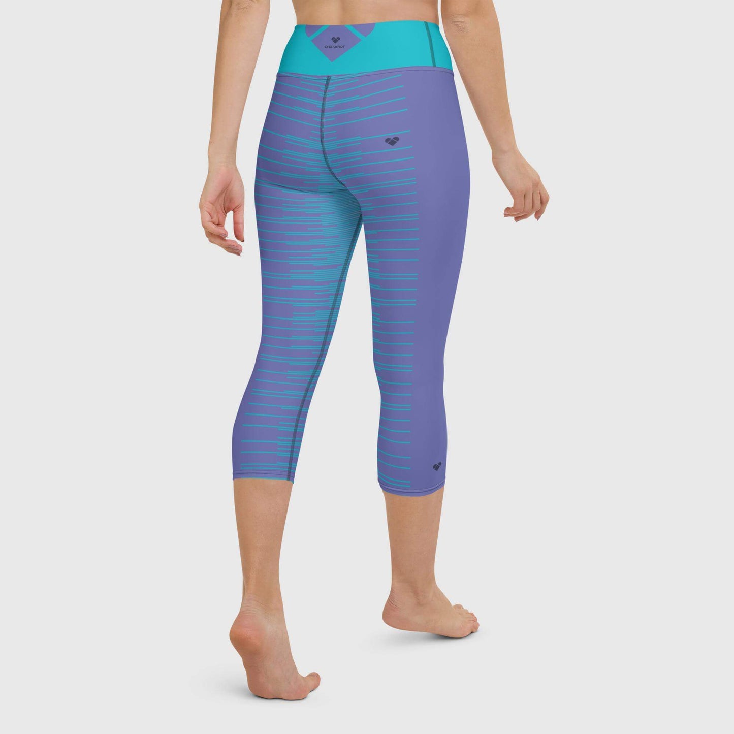 Turquoise Belt and Heart Logo on Periwinkle Dual Yoga Capri Leggings - A unique touch of love