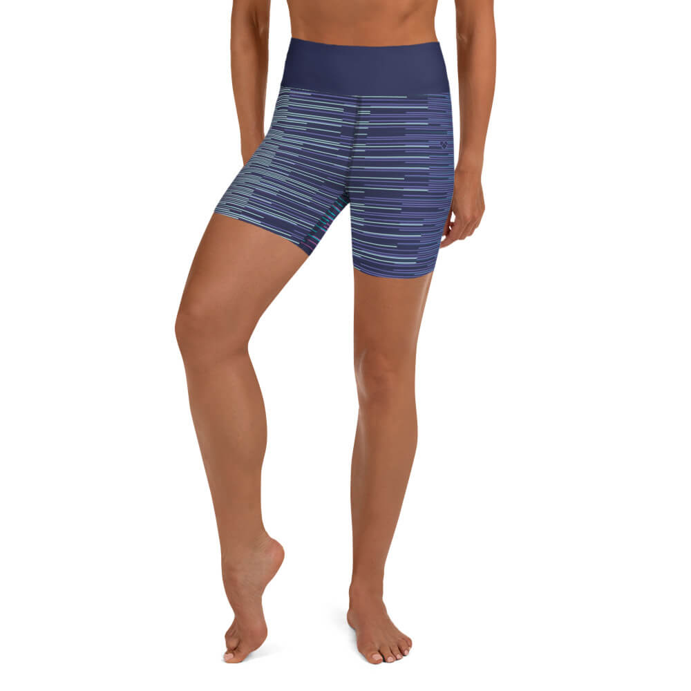 Model wearing Dark Slate Blue Dual Yoga Leggings Shorts