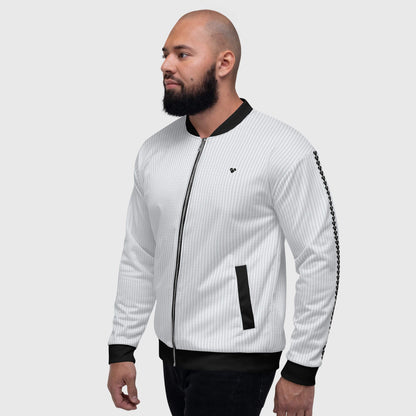 Light Gray Bomber Jacket by CRiZ AMOR, a versatile and stylish jacket with a unique pattern and black heart logo, male model side view