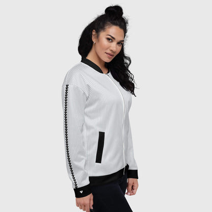 Love Armor Light Gray Bomber Jacket by CRiZ AMOR, sustainably made and perfect for layering, female model wearing