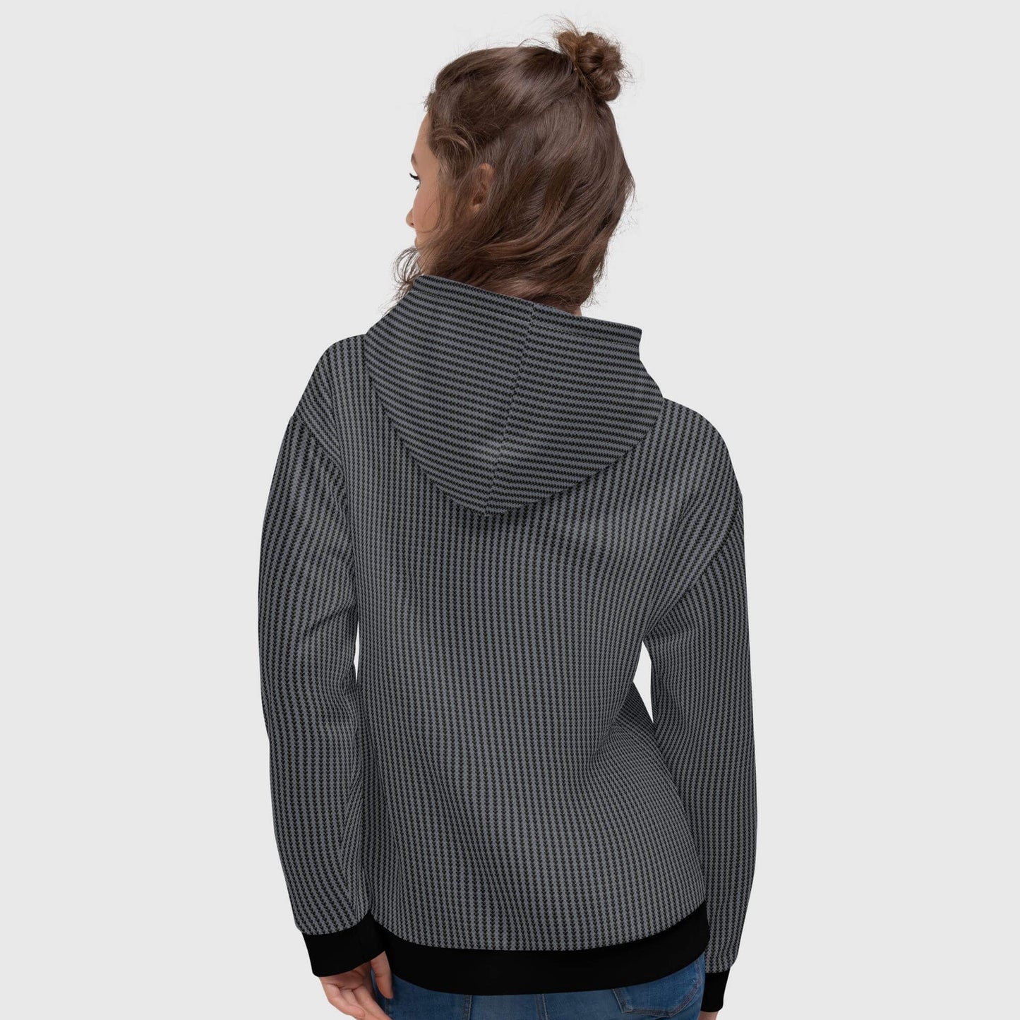 Sustainable and eco-friendly black hoodie with a heart-shaped geometrical pattern, perfect for any occasion, back view