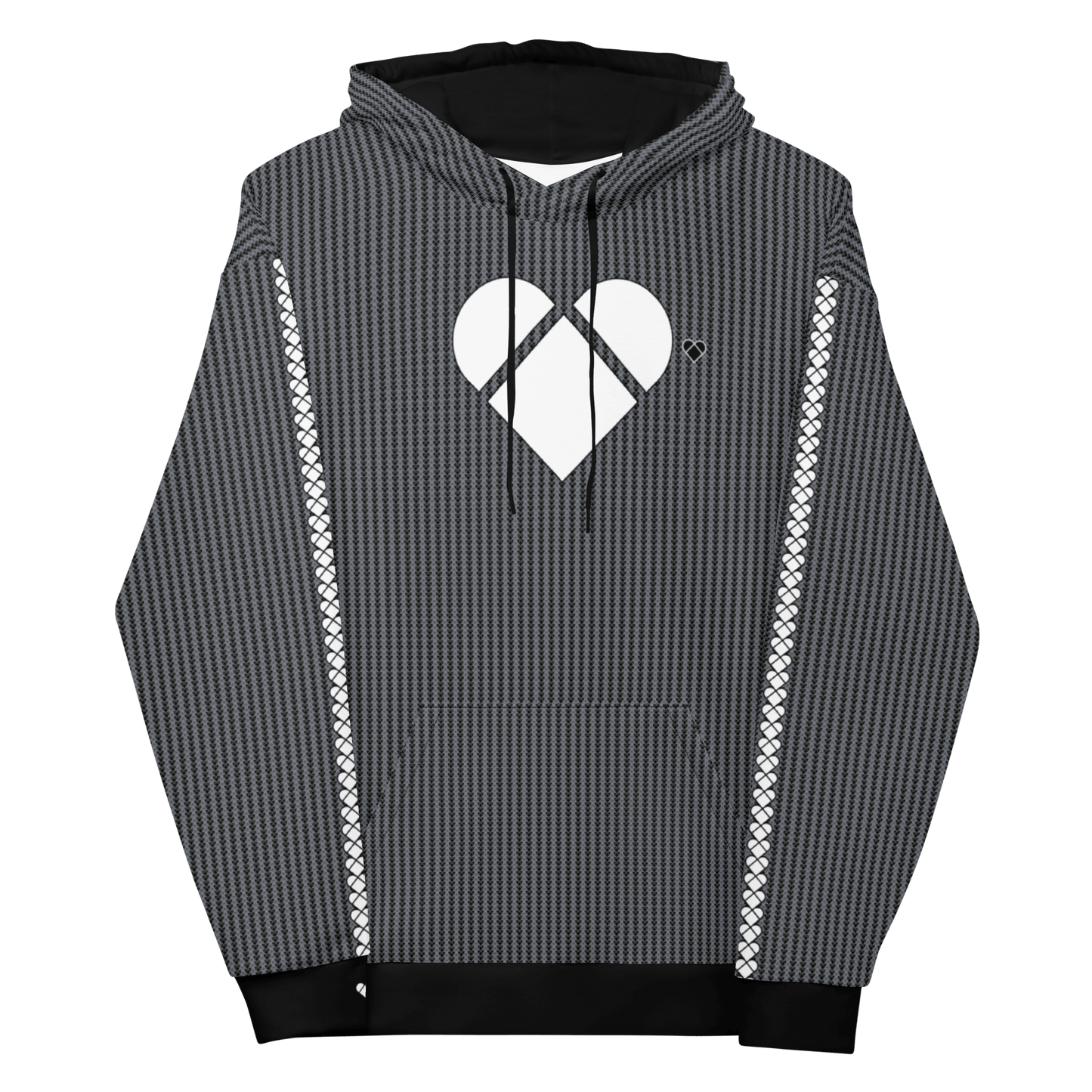 A black hoodie with a heart-shaped geometrical pattern in dual shades, featuring a white heart CRiZ AMOR logo on the front, front view