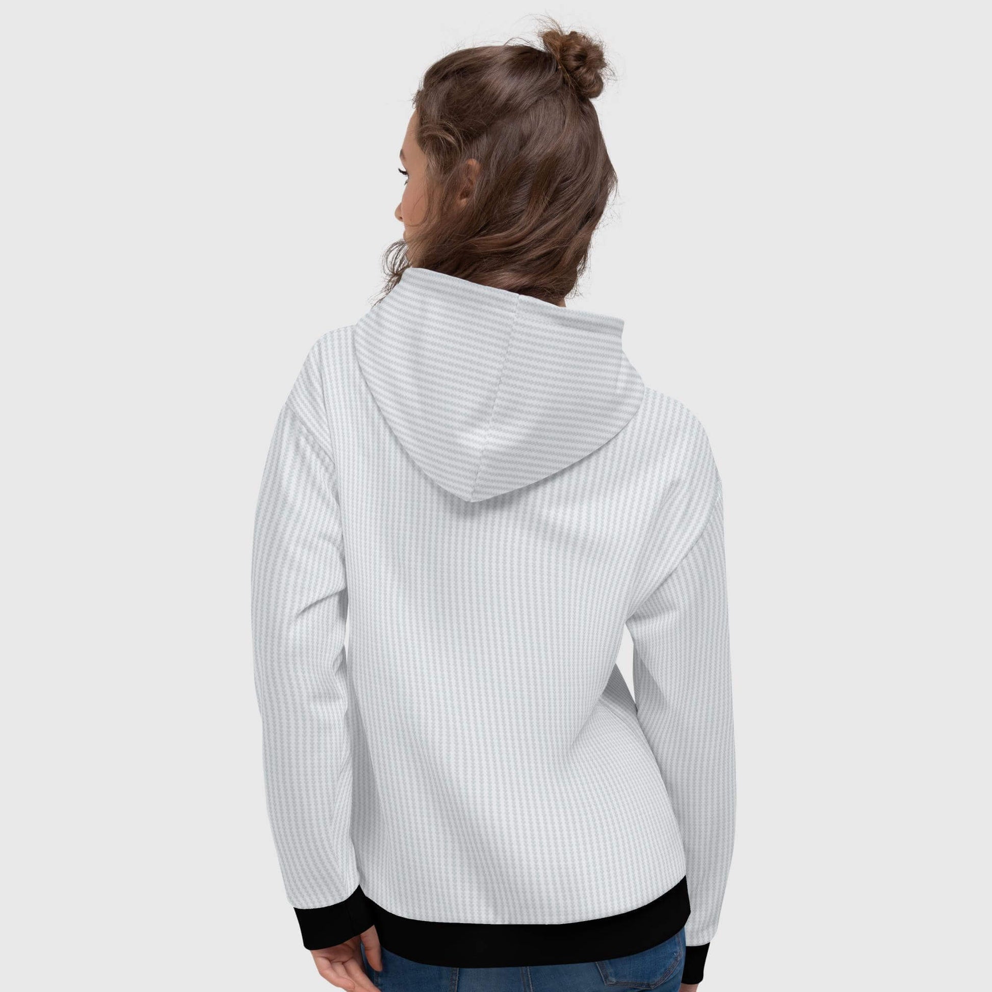 back view, Genderless Light Gray Lovogram Hoodie with heart-shaped logos in shades of gray, girl model