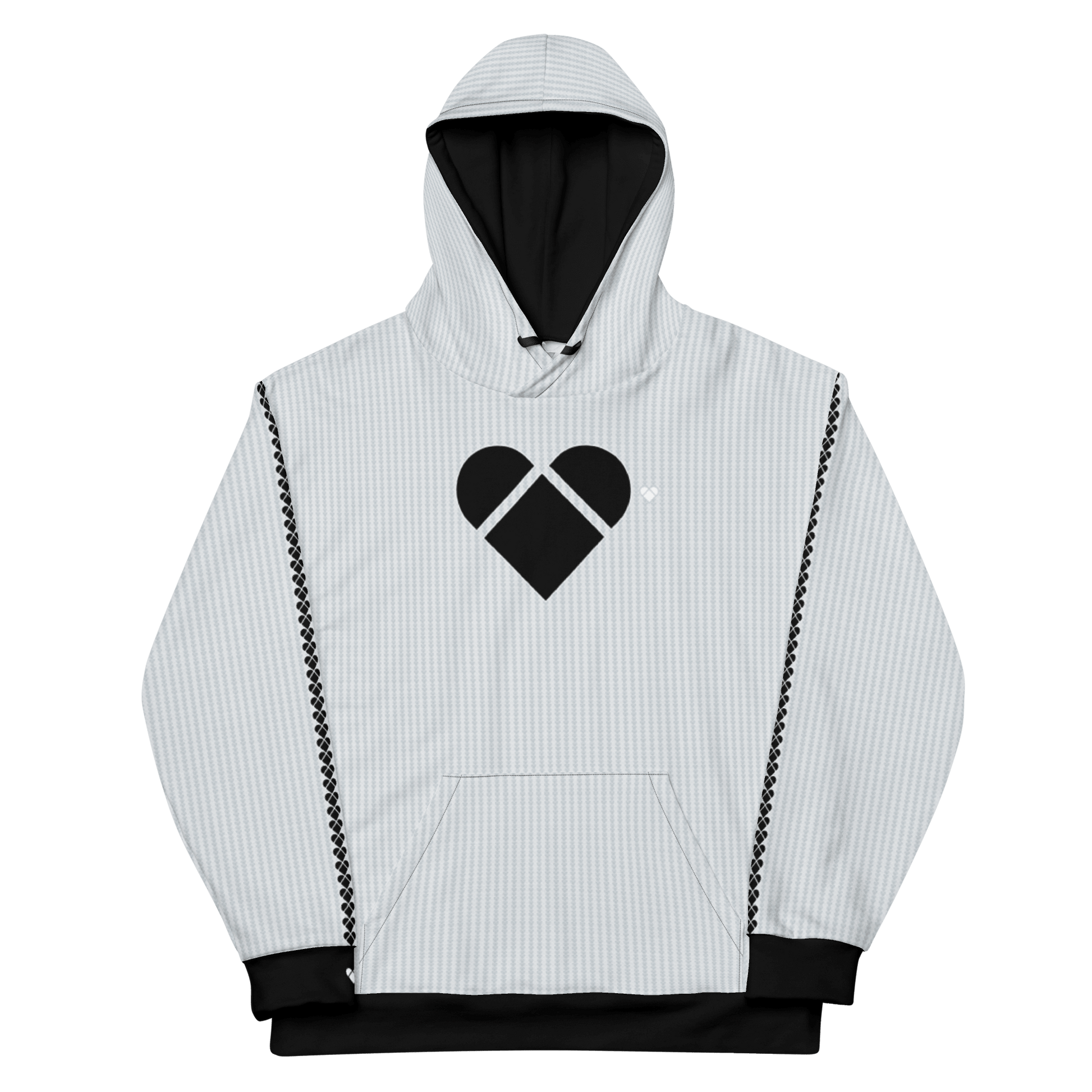 Lovogram Hoodie with black collar, cuffs, and waistband, and white heart logo in the cuff, front view