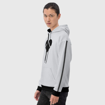 Light Gray Lovogram Hoodie with black "hearts stripe" along the sleeve, side view male model