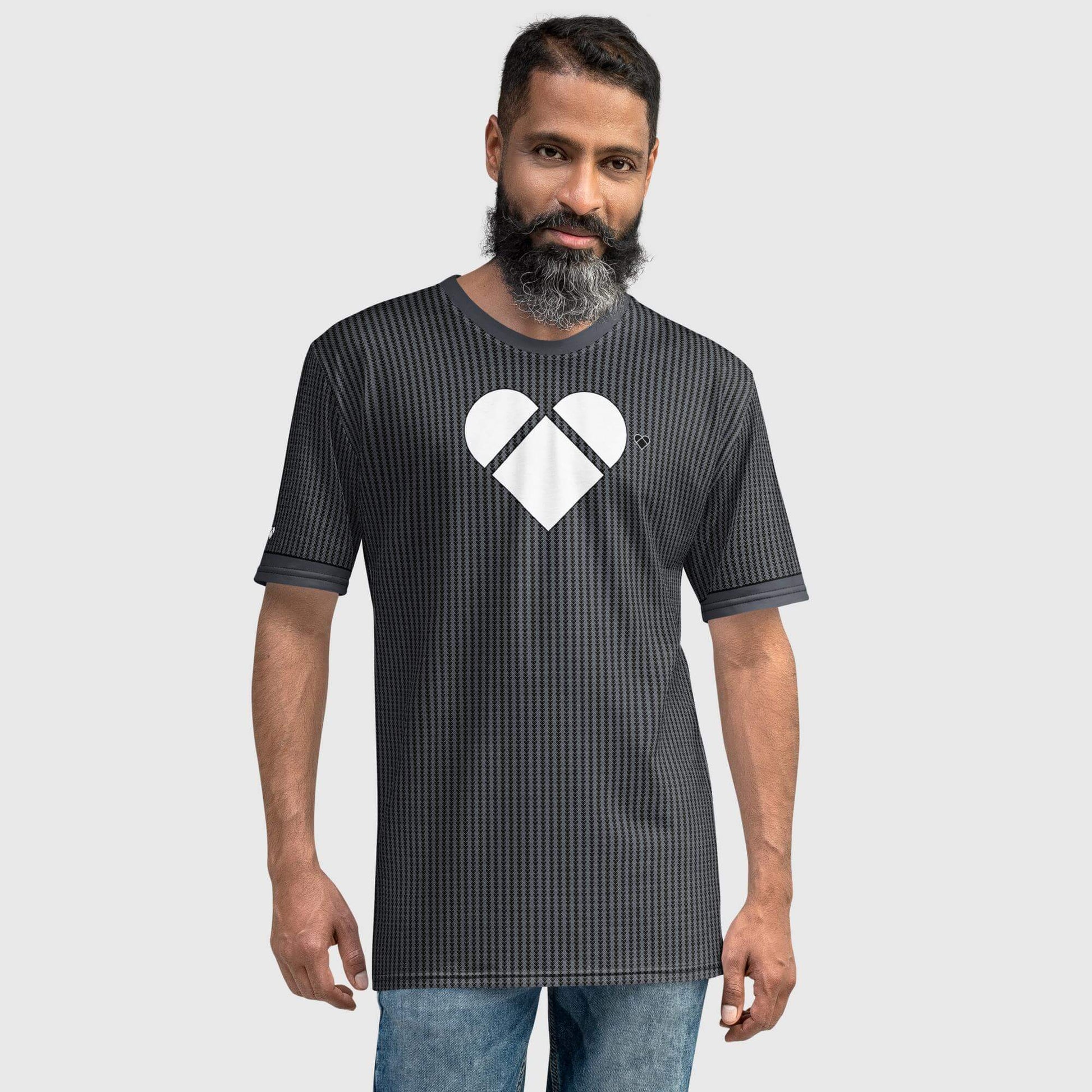 male model wearing Men's black shirt with little CRiZ AMOR logo heart and Dualshade lovogram pattern
